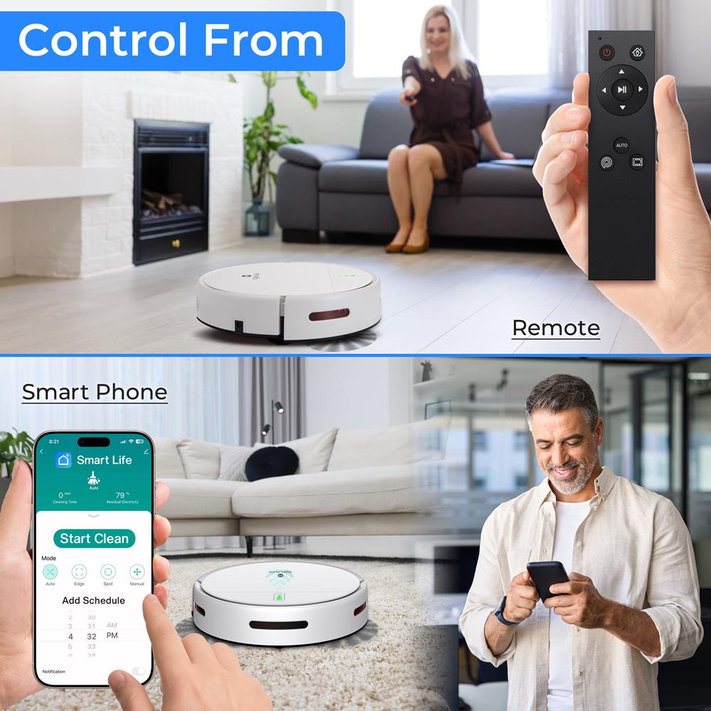 Smart Vacuum Cleaner - Automatic Robot Cleaning Vacuum With App Control, 700Pa Suction, And 3 Cleaning Modes, Ideal For Hard Floor, Pet Hair, Low-Pile Carpet (White)