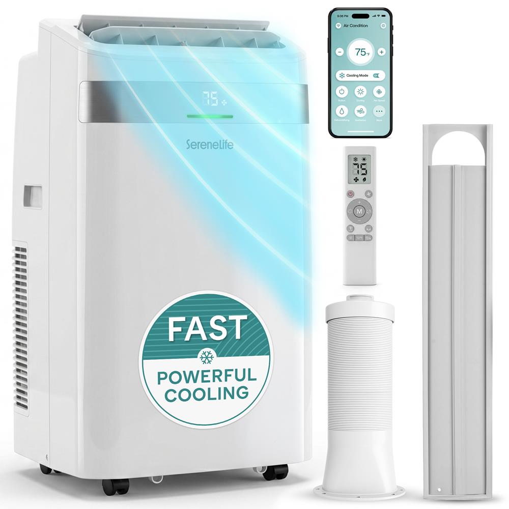 Serenelife Portable Air Conditioner With Wi-Fi Function -  9500 Btu Cooling (Ashrae), Compact Unit With Dehumidifier & Fan Modes, Includes Window Mount Kit (White)