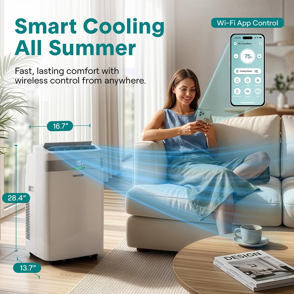 Serenelife Portable Air Conditioner With Wi-Fi Function -  9500 Btu Cooling (Ashrae), Compact Unit With Dehumidifier & Fan Modes, Includes Window Mount Kit (White)