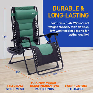 Outdoor Adjustable And Foldable Padded Zero Gravity Lawn Chair - Adjustable Recliners With Plastic Cup Holder Side Table And Pillow (Green And Black)