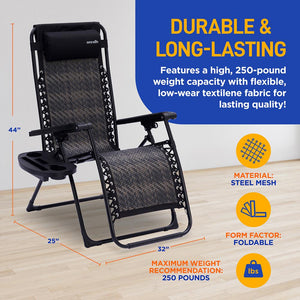 Outdoor Adjustable And Foldable Rattan Zero Gravity Lawn Chair - Adjustable Recliners With Plastic Cup Holder Side Table And Pillow