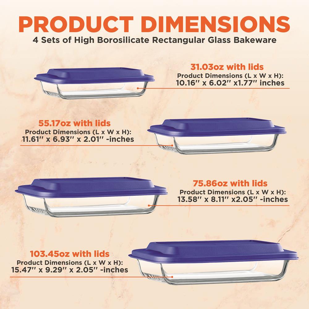 4 Sets Of High Borosilicate Rectangular Glass Bakeware Set With Pe Lid