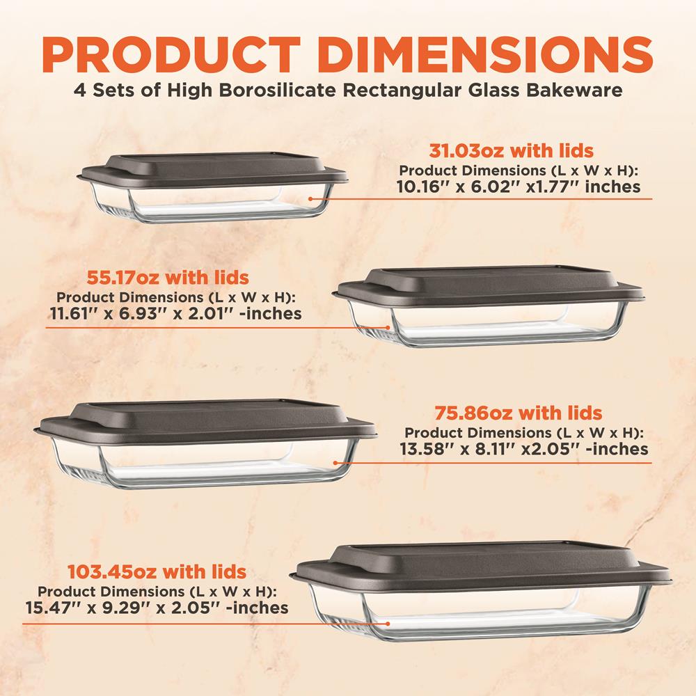 4 Sets Of High Borosilicate Rectangular Glass Bakeware Set With Pe Lid