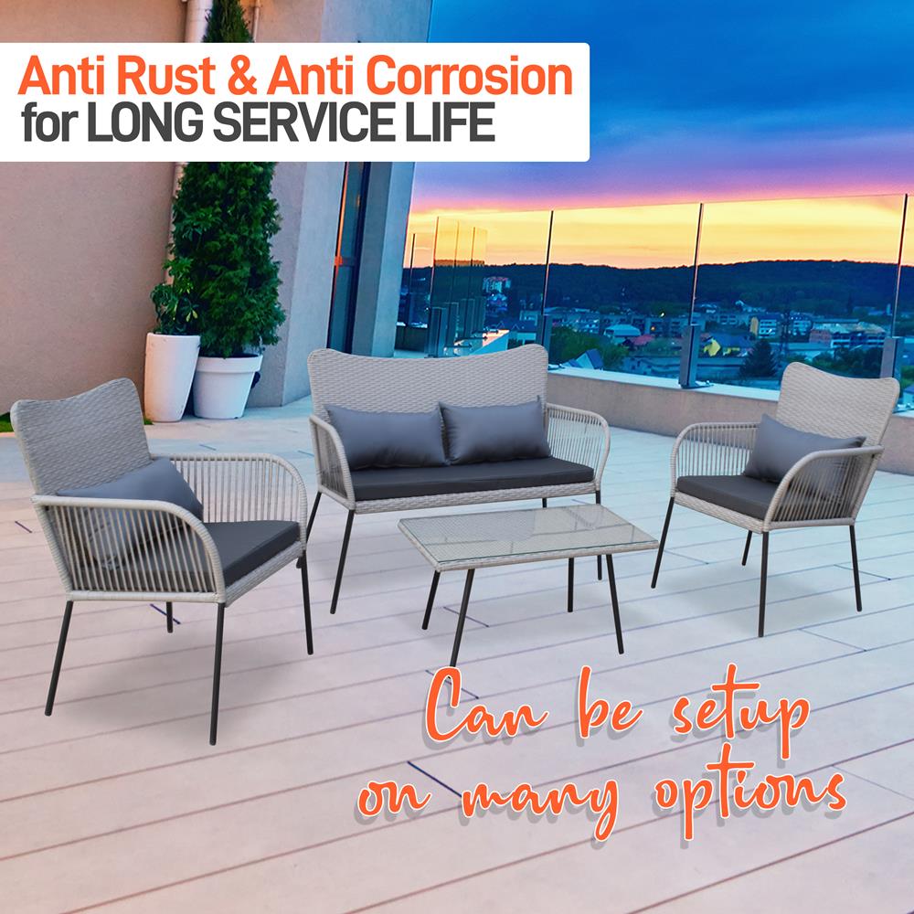 4 Pcs. Patio Outdoor Rattan Furniture Set - Includes 1 Double Chair & 2 Single Chairs With Soft Cushion, And 1 Glass-Top Coffee Table (Light Gray)