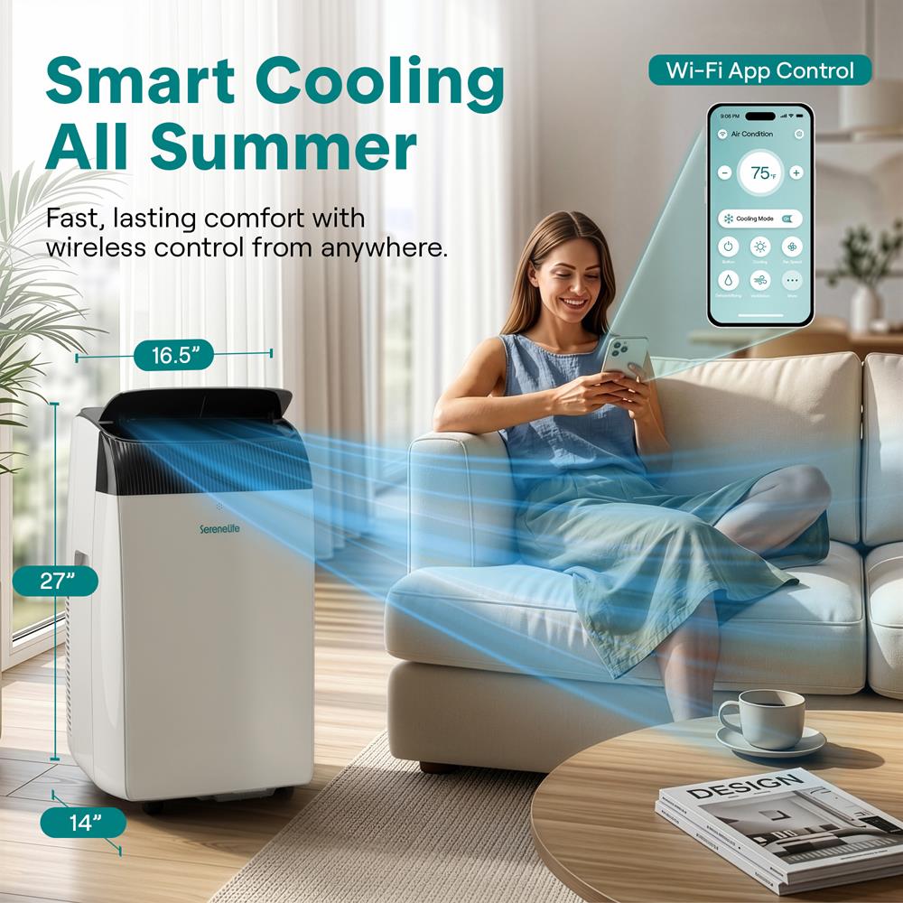 Serenelife Inverter Portable Air Conditioner & Heater With Wi-Fi, 16,000 Btu Cooling (Ashrae), Compact Unit With Dehumidifier & Fan Modes, Includes Window Mount Kit (Gray)