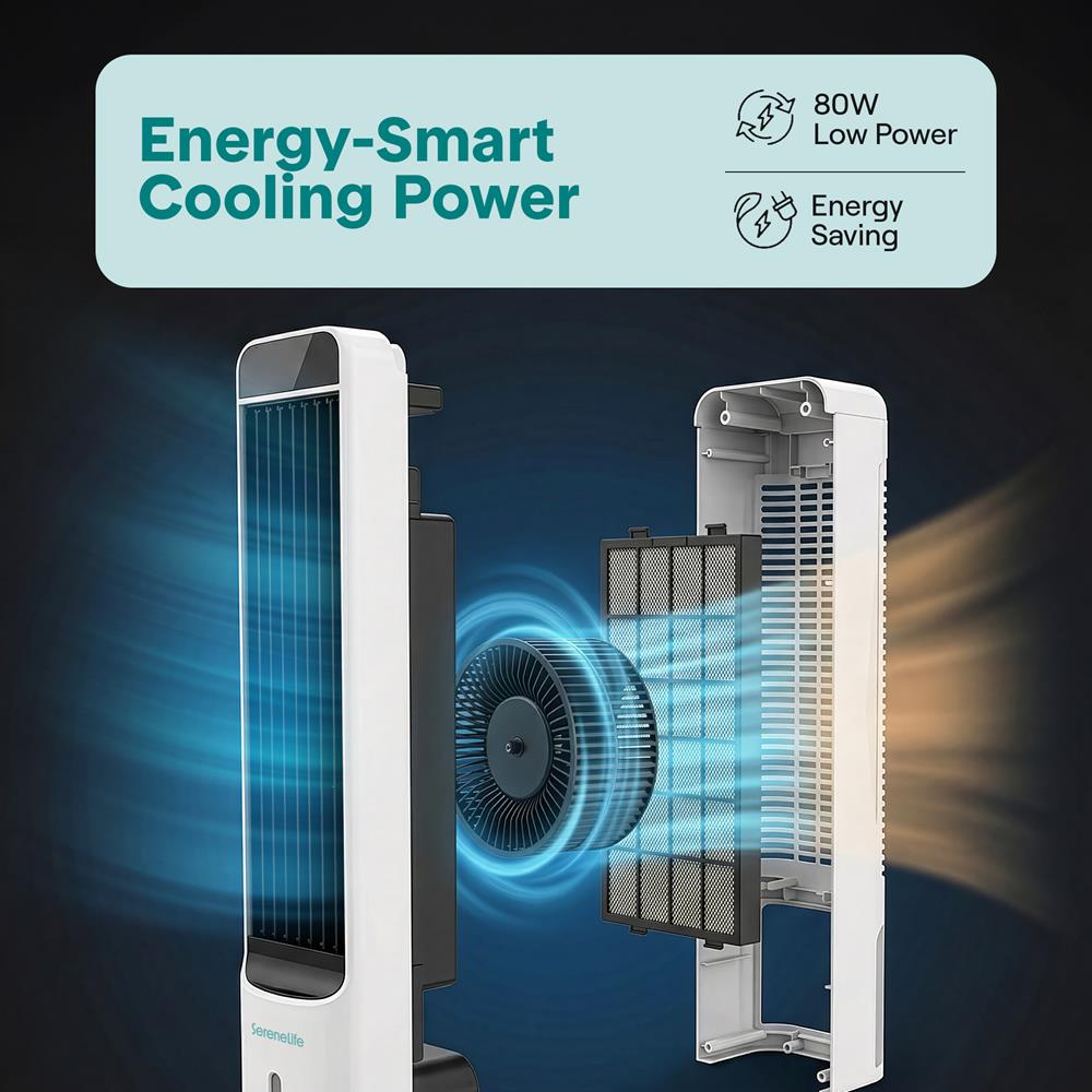 Serenelife Portable Evaporative Air Cooler Tower Fan With 5L Detachable Water Tank, 60° Adjustable Oscillation, 3 Fan Modes, 4 Ice Boxes, And Remote Control – Ideal For Home, Office, And School (White)