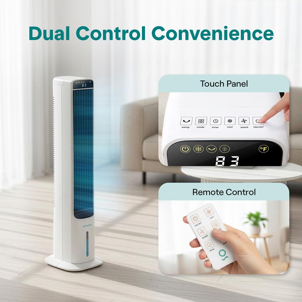 Serenelife Portable Evaporative Air Cooler Tower Fan With 5L Detachable Water Tank, 60° Adjustable Oscillation, 3 Fan Modes, 4 Ice Boxes, And Remote Control – Ideal For Home, Office, And School (White)