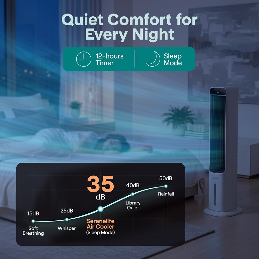 Serenelife Portable Evaporative Air Cooler Tower Fan With 5L Detachable Water Tank, 60° Adjustable Oscillation, 3 Fan Modes, 4 Ice Boxes, And Remote Control – Ideal For Home, Office, And School (White)