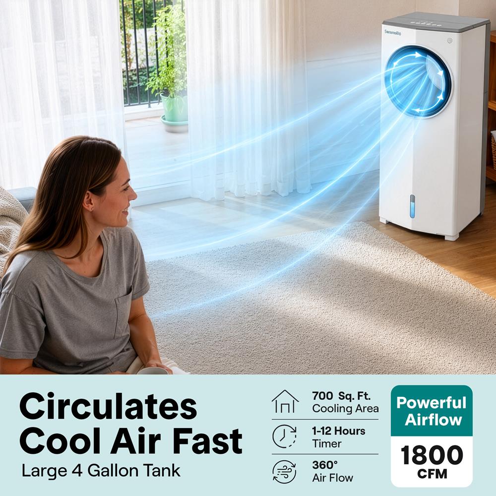 Serenelife Portable Evaporative Air Cooler With 4 Liters Detachable Water Tank Function For Outdoor And Indoor Use (White & Gray)