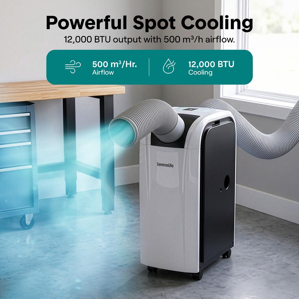 Serenelife Spot Cooler Air Conditioner And Heater With Wi-Fi Function - 12000 Btu Cooling (Ashrae), Compact Unit With Dehumidifier & Heating Modes, Includes Window Mount Kit (Gray)