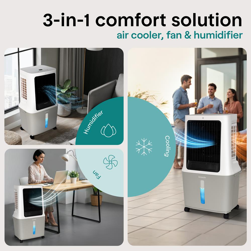 Portable Evaporative Air Cooler With 30 Liters Detachable Water Tank With Wifi Function For Outdoor And Indoor Use (White, Black & Gray)