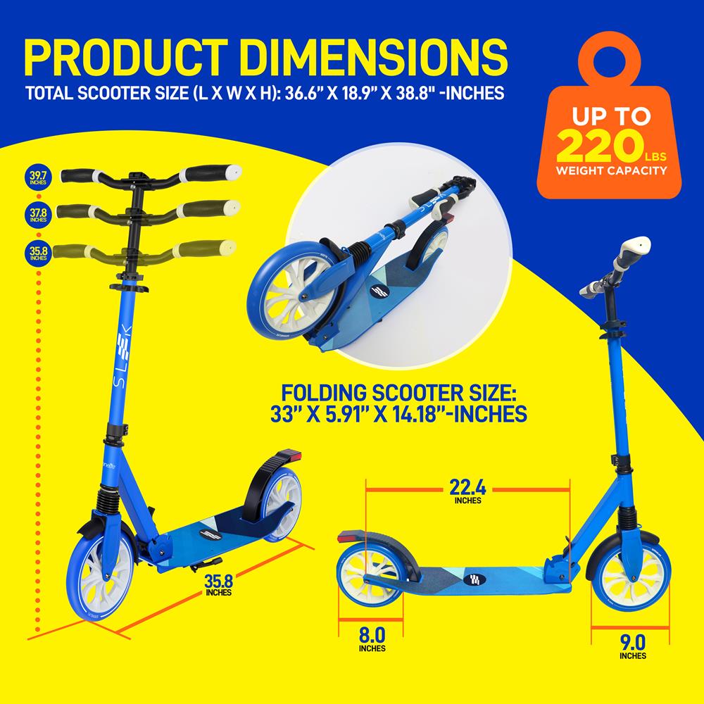 Lightweight And Foldable Kick Scooter - Adjustable Scooter For Adults, Alloy Deck With High Impact Wheels (Blue)