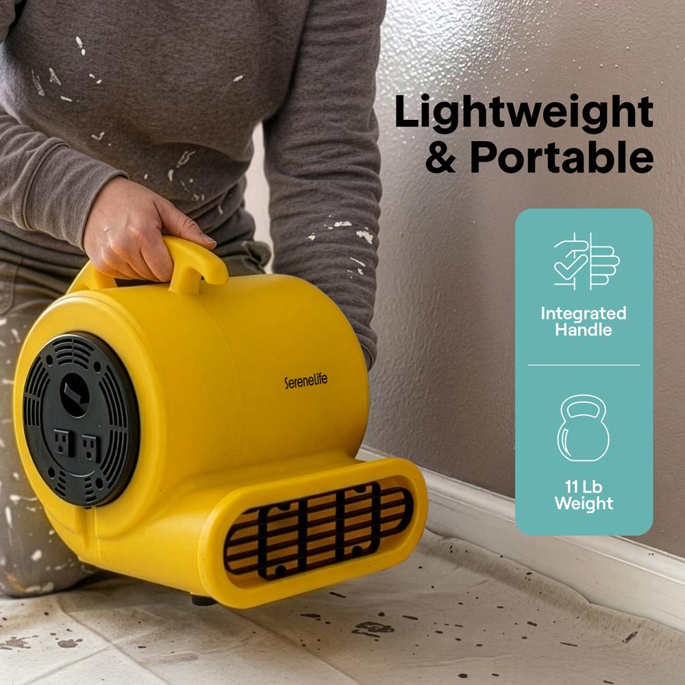 Serenelife Air Mover – High-Speed Blower Fan With 3 Speeds, Adjustable Angle, And Durable Design For Drying, Ventilation, And Air Circulation In Homes, Garages, And Worksites (Yellow)