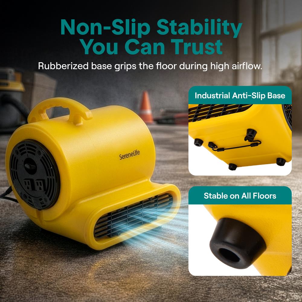 Serenelife Air Mover – High-Speed Blower Fan With 3 Speeds, Adjustable Angle, And Durable Design For Drying, Ventilation, And Air Circulation In Homes, Garages, And Worksites (Yellow)