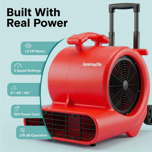 Serenelife Air Mover – High-Speed Blower Fan With 3 Speeds, Adjustable Angle, And Durable Design For Drying, Ventilation, And Air Circulation In Homes, Garages, And Worksites (Red)