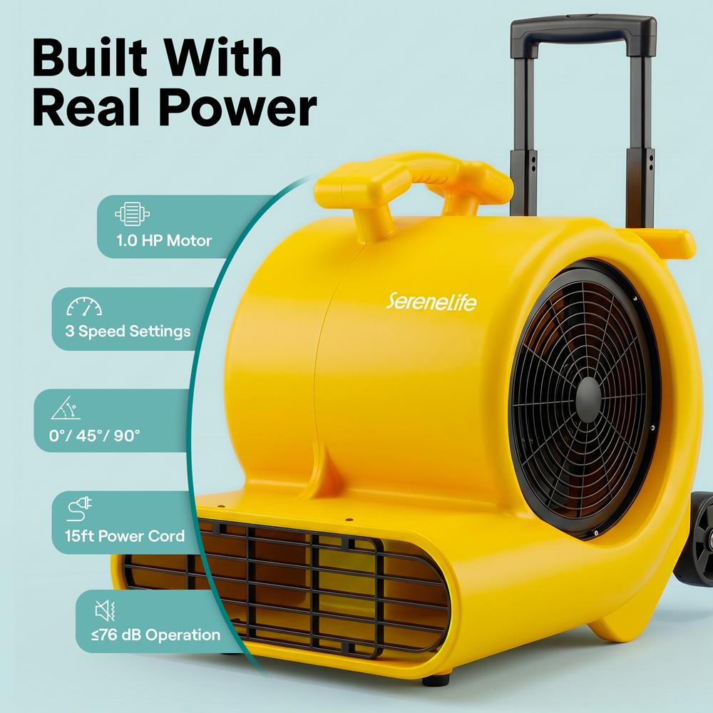 Serenelife Air Mover – High-Speed Blower Fan With 3 Speeds, Adjustable Angle, And Durable Design For Drying, Ventilation, And Air Circulation In Homes, Garages, And Worksites (Yellow)