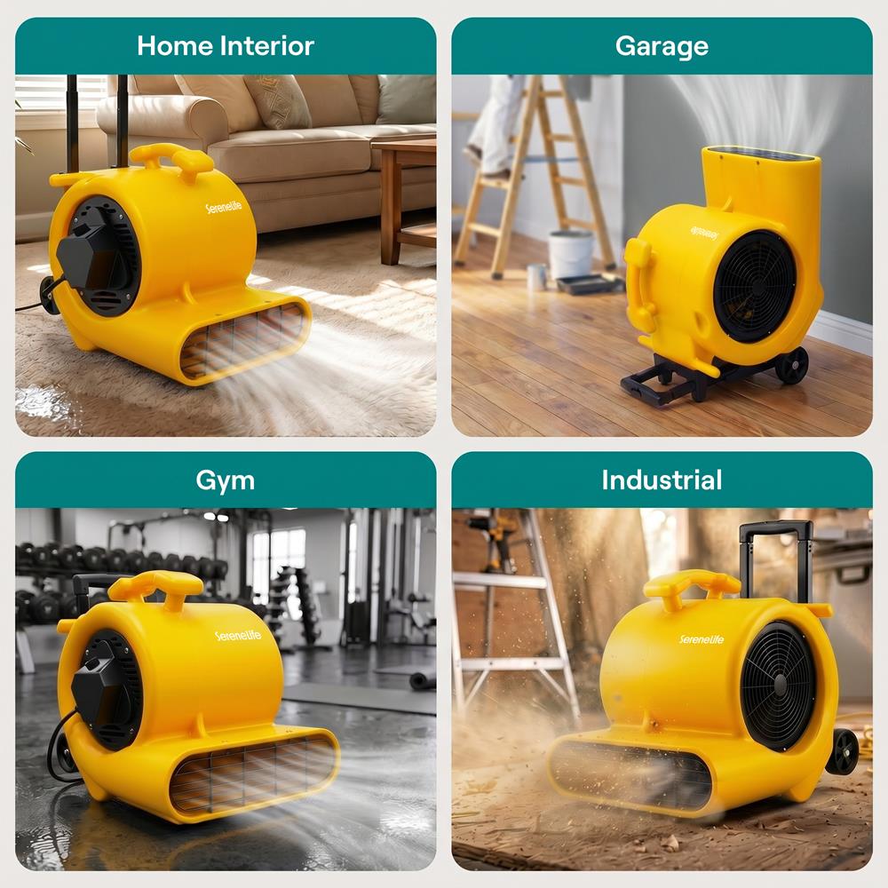 Serenelife Air Mover – High-Speed Blower Fan With 3 Speeds, Adjustable Angle, And Durable Design For Drying, Ventilation, And Air Circulation In Homes, Garages, And Worksites (Yellow)