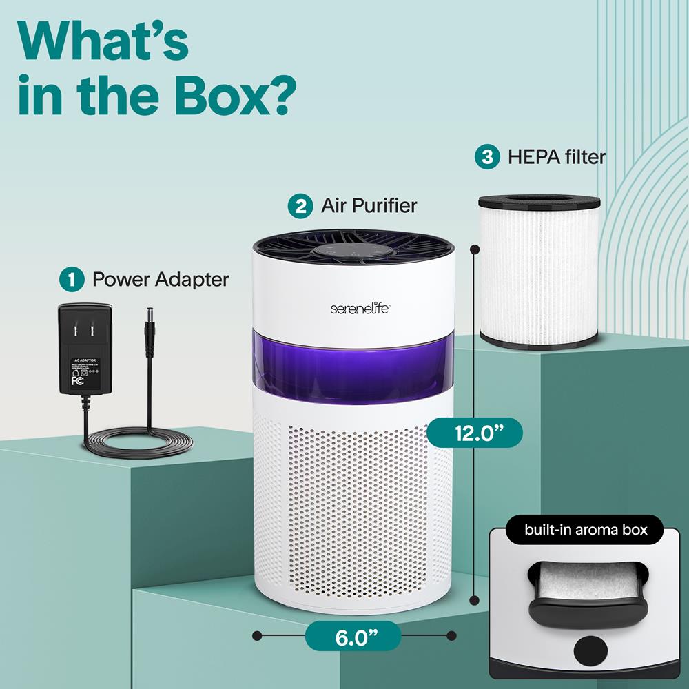 Serenelife High-Performance Air Purifier With Built-In Aroma Box, On/Off Ambient Light & Digital Display – Quiet Operation, 2 Fan Speeds, Timer, And Hepa 13 Filter  (White)