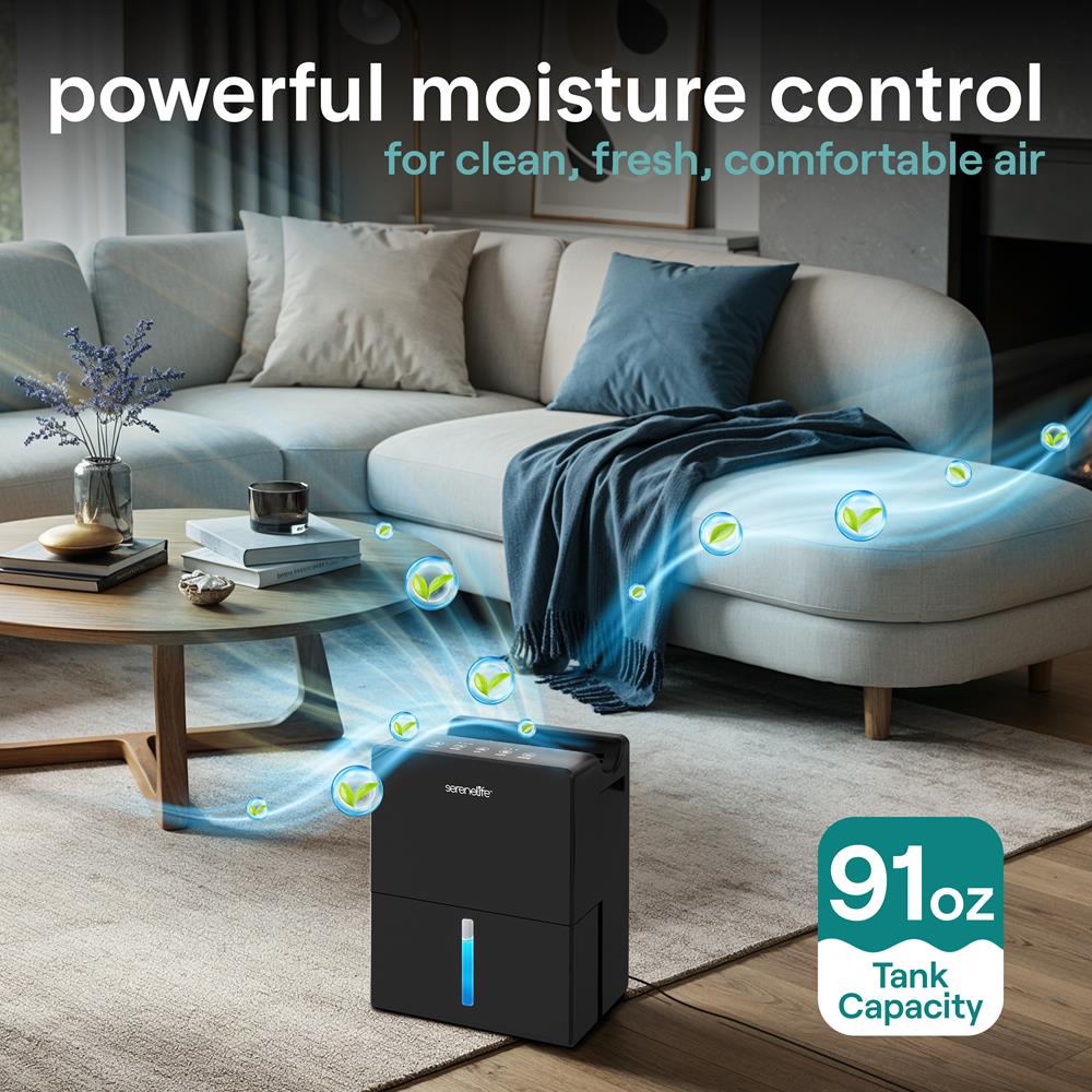Serenelife 2-In-1 Dehumidifier With Removable Dehumidifying Cylinder, Intelligent Humidity Control, Timer & Sleep Mode – Ideal For Medium To Large Rooms (Black)