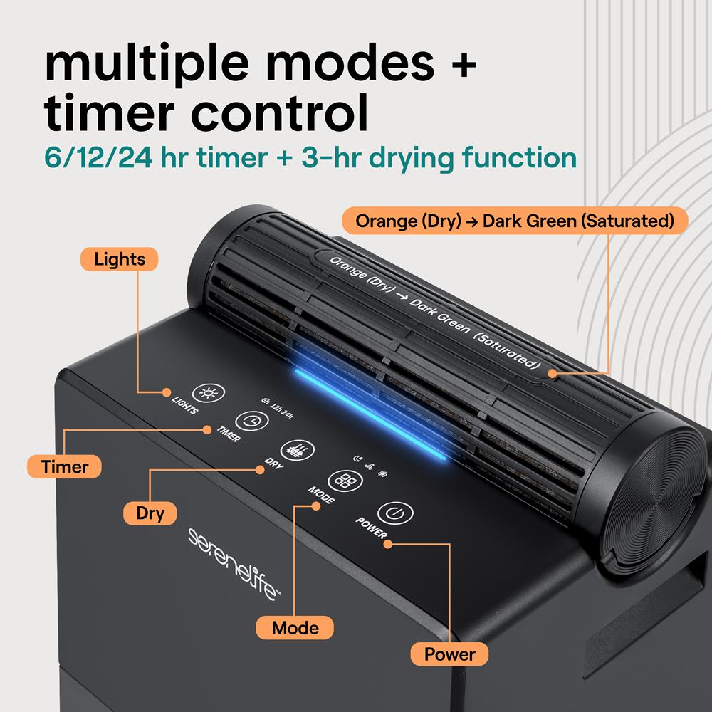 Serenelife 2-In-1 Dehumidifier With Removable Dehumidifying Cylinder, Intelligent Humidity Control, Timer & Sleep Mode – Ideal For Medium To Large Rooms (Black)