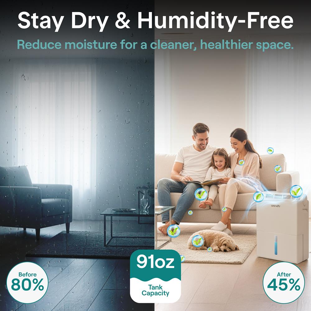Serenelife 2-In-1 Dehumidifier With Removable Dehumidifying Cylinder, Intelligent Humidity Control, Timer & Sleep Mode – Ideal For Medium To Large Rooms (White)