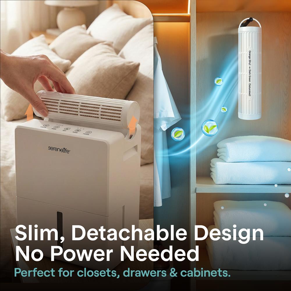 Serenelife 2-In-1 Dehumidifier With Removable Dehumidifying Cylinder, Intelligent Humidity Control, Timer & Sleep Mode – Ideal For Medium To Large Rooms (White)