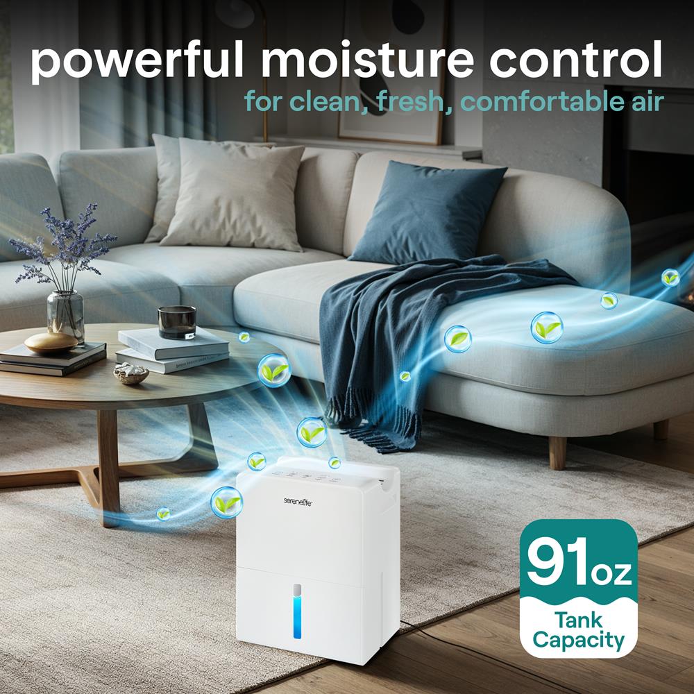 Serenelife 2-In-1 Dehumidifier With Removable Dehumidifying Cylinder, Intelligent Humidity Control, Timer & Sleep Mode – Ideal For Medium To Large Rooms (White)