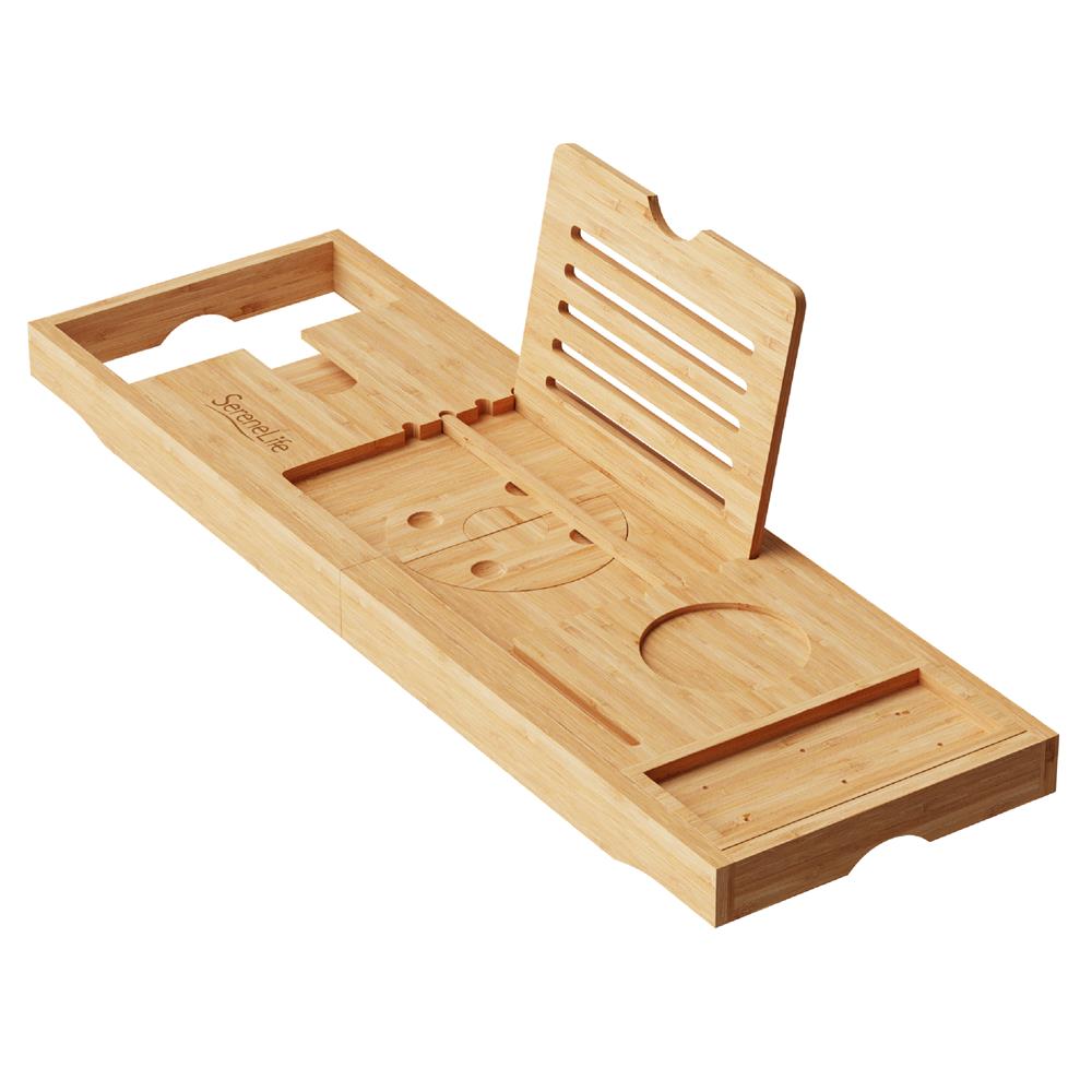 SereneLife Luxury Bamboo Bathtub Shower Caddy Tray Organizer with Wine Holder - Thumbnail 2