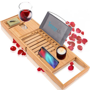 Luxury Bamboo Bathtub Caddy Tray - Adjustable Natural Wood Bath Tub Organizer with Wine Holder, Cup Placement, Soap Dish, Book Space & Phone Slot for Spa, Bathroom & Shower