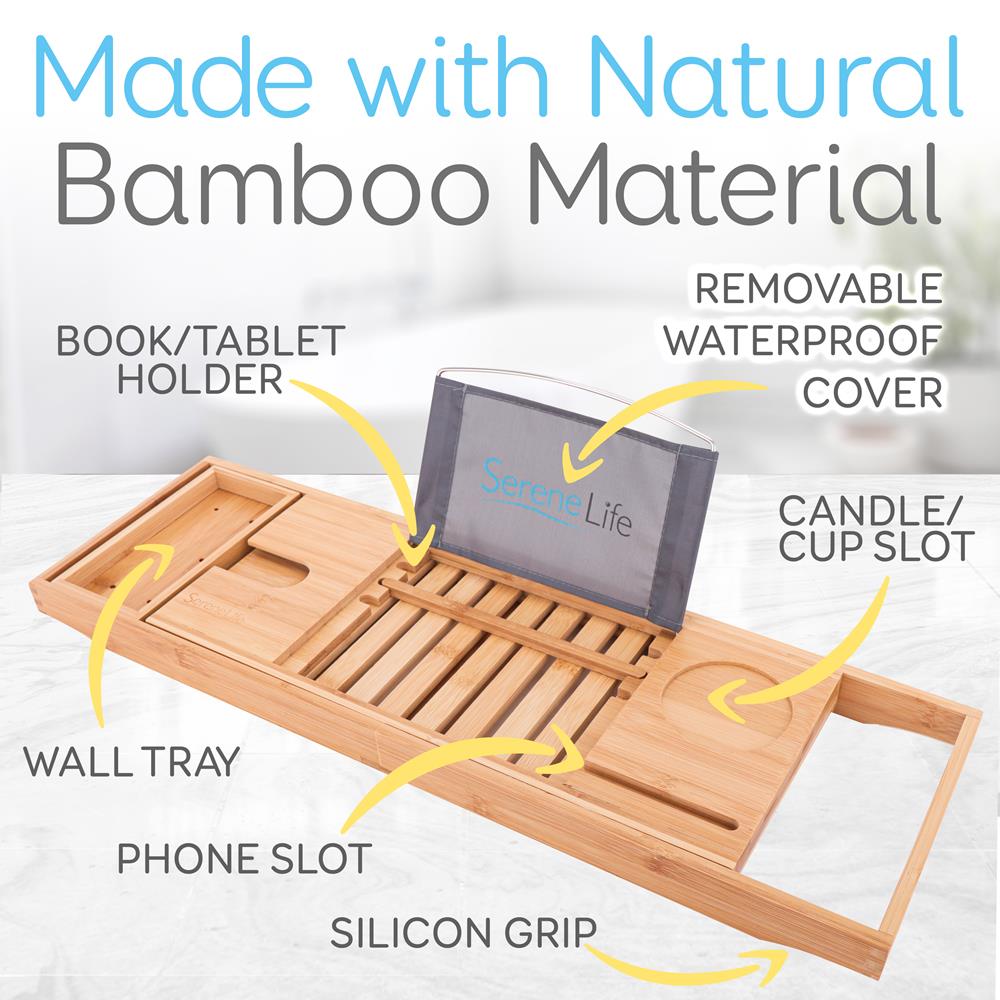 Luxury Bamboo Bathtub Caddy Tray - Adjustable Natural Wood Bath Tub Organizer with Wine Holder, Cup Placement, Soap Dish, Book Space & Phone Slot for Spa, Bathroom & Shower