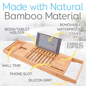 Luxury Bamboo Bathtub Caddy Tray - Adjustable Natural Wood Bath Tub Organizer with Wine Holder, Cup Placement, Soap Dish, Book Space & Phone Slot for Spa, Bathroom & Shower