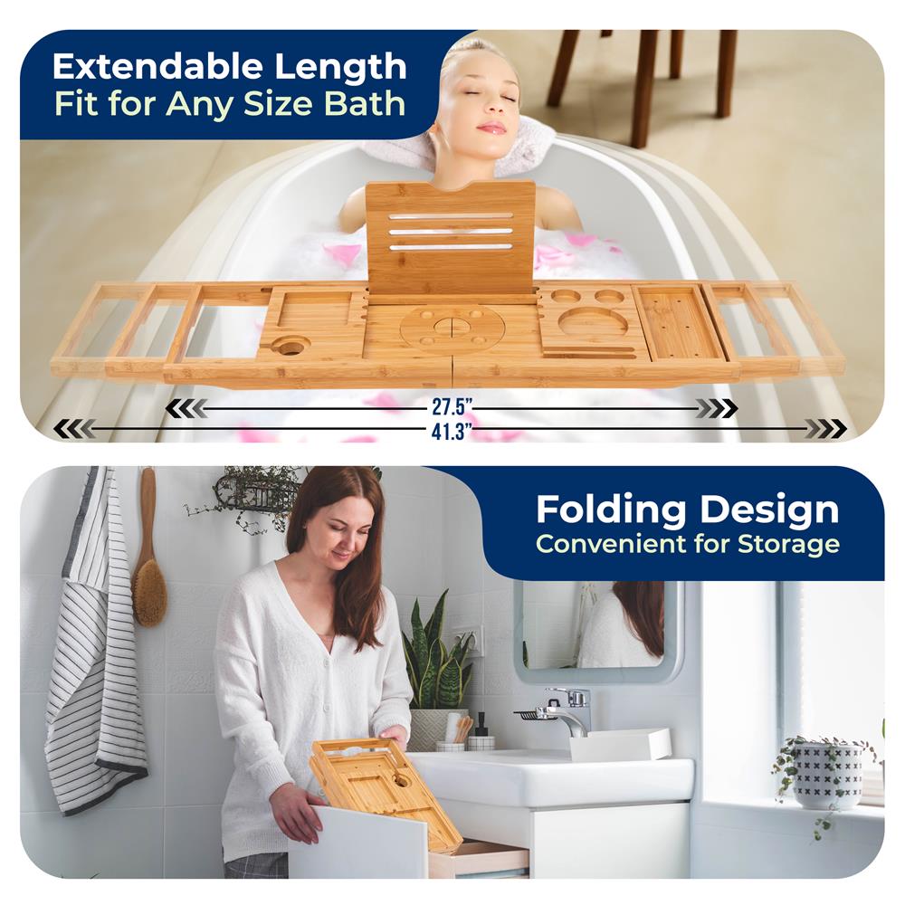Bamboo Bathtub Caddy Adjustable Non-Slip Expandable 41.3" Natural