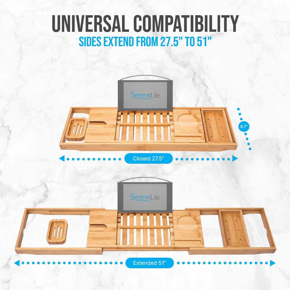 Natural Bamboo Bathtub Caddy - Shower Tub Caddy Tray With Adjustable Length And Soap Box (Natural Color)