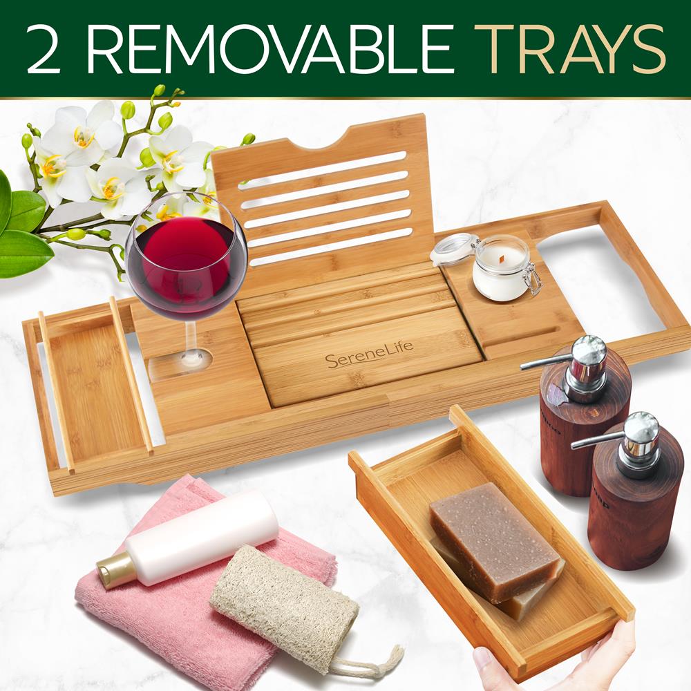 Natural Bamboo Bathtub Caddy Set - Includes Removable Spa Trays And Soap Box, Shower Tub Caddy Tray With Adjustable Length (Natural Color)