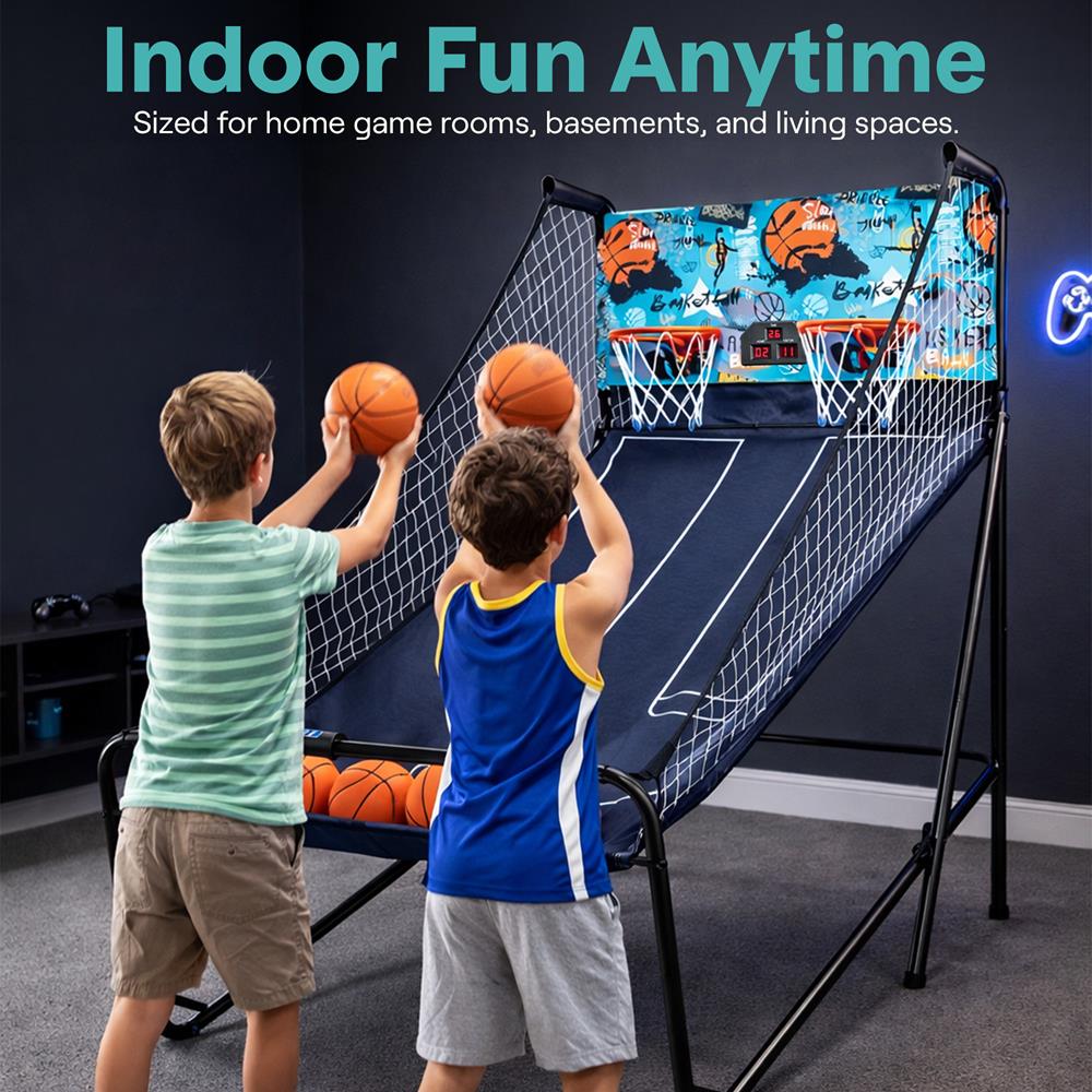 Dual Hoop Basketball Game - LED Scoreboard, Foldable, 5 Balls
