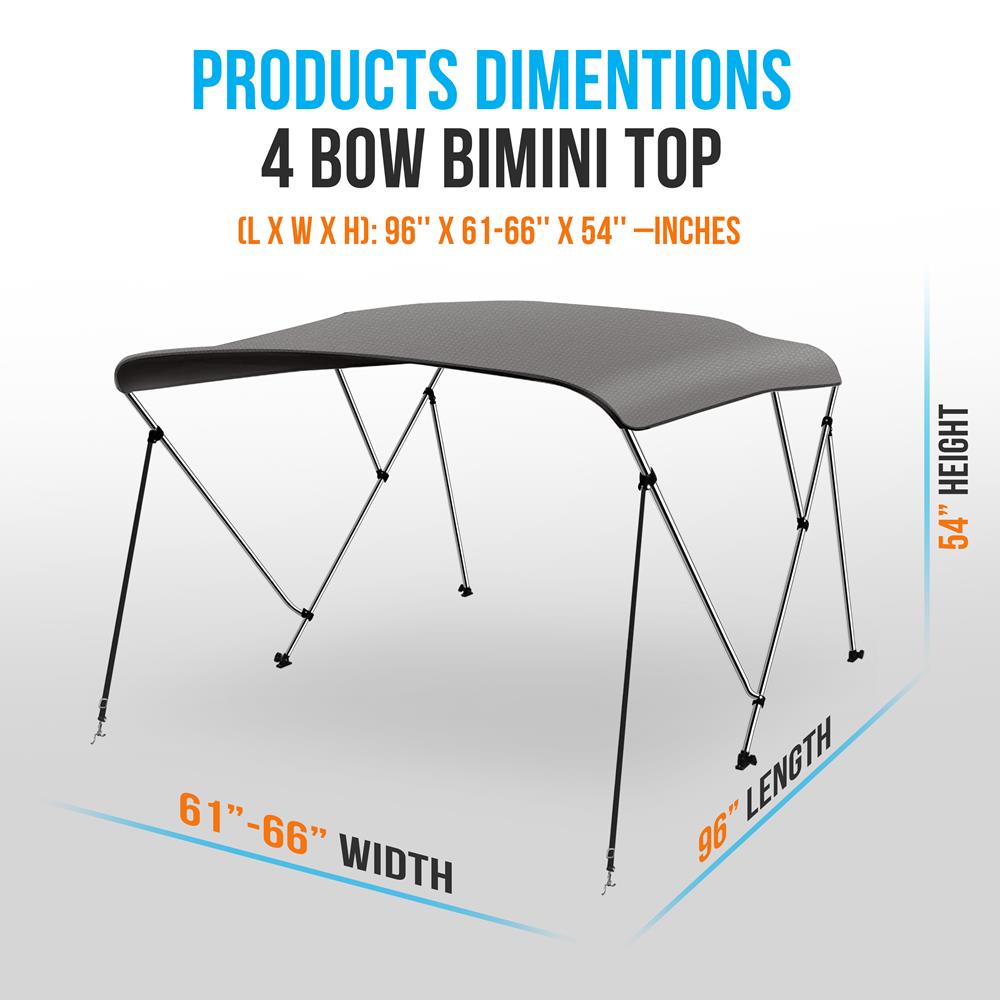 4 Bow Bimini Top - 2 Straps And 2 Rear Support Poles With Marine-Grade 600D Polyester Canvas (Gray)