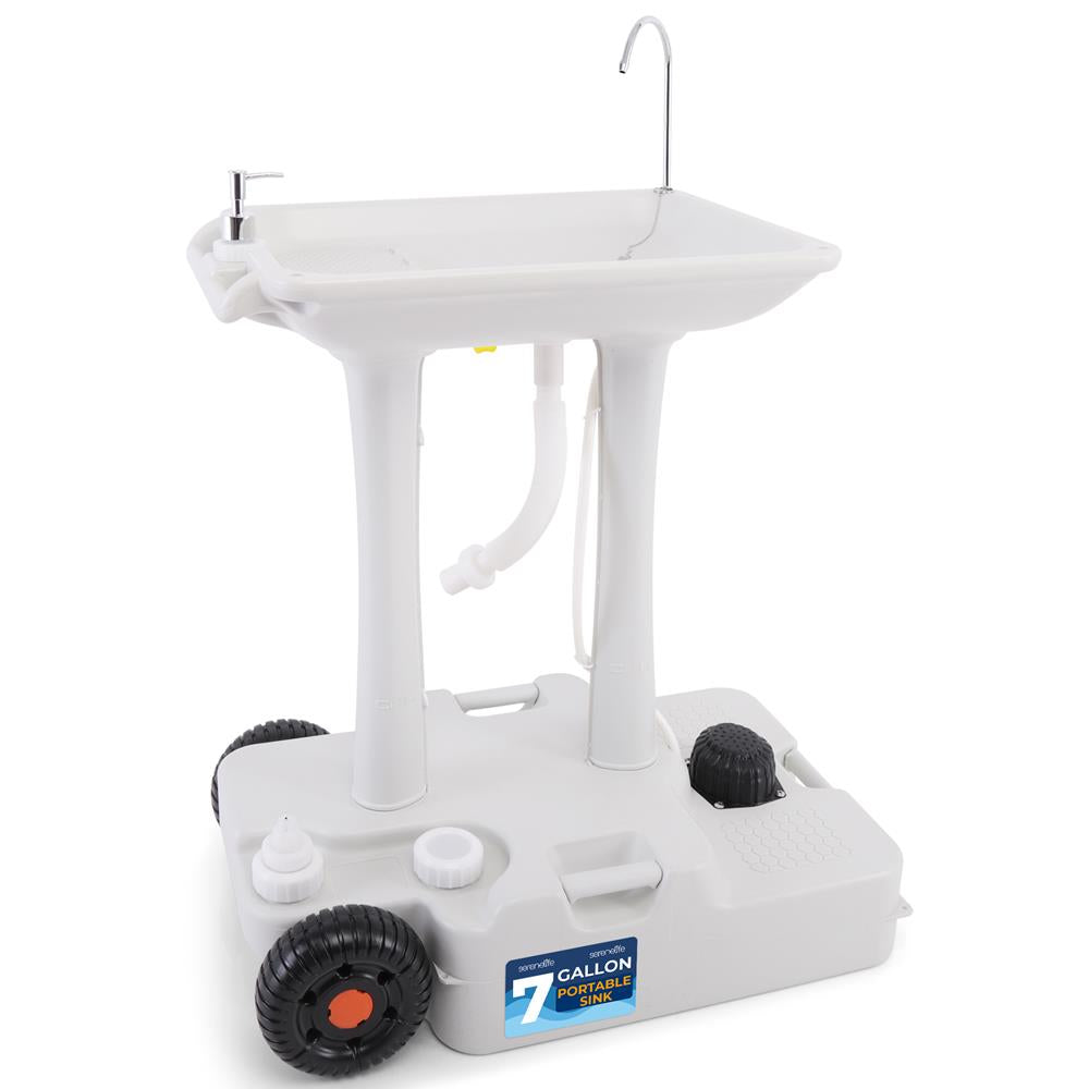 Wheeled Mobile Foot-Pump Hand Wash Stand - Water Faucet Washing Station (7+ Gal. Capacity)