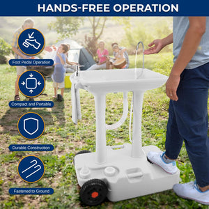 Wheeled Mobile Foot-Pump Hand Wash Stand - Water Faucet Washing Station (7+ Gal. Capacity)