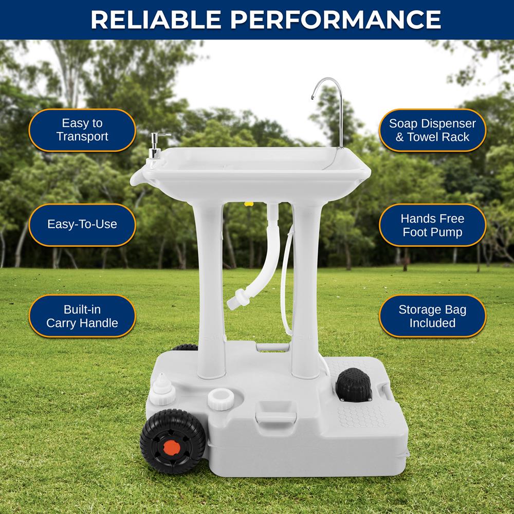 Wheeled Mobile Foot-Pump Hand Wash Stand - Water Faucet Washing Station (7+ Gal. Capacity)