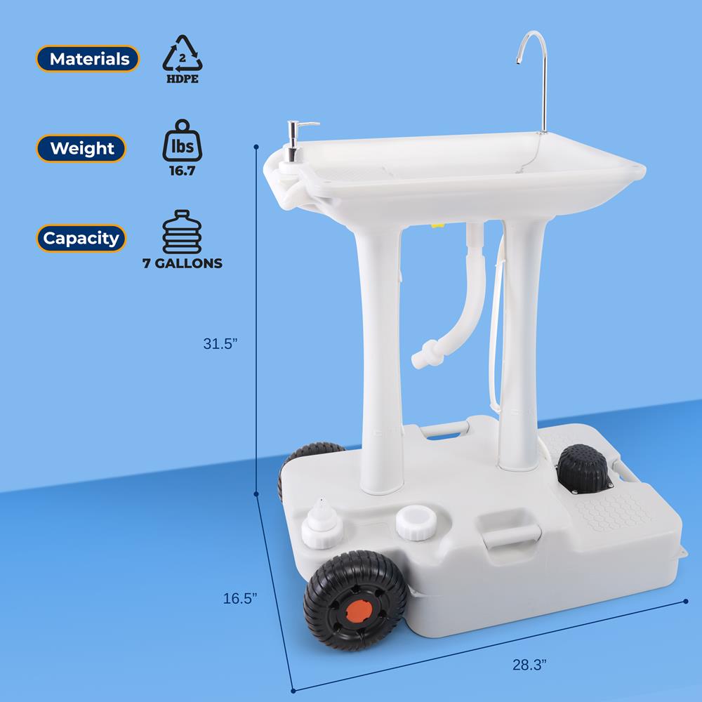 Wheeled Mobile Foot-Pump Hand Wash Stand - Water Faucet Washing Station (7+ Gal. Capacity)