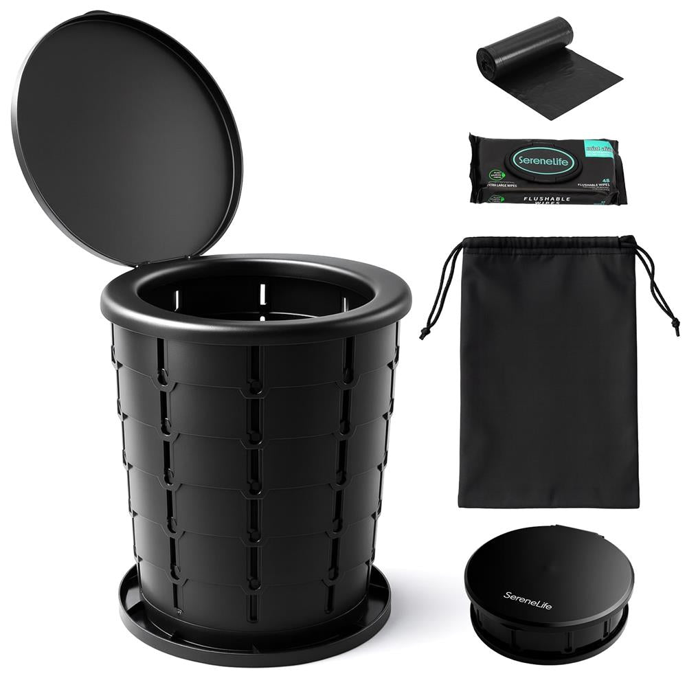 Portable Non-Slip Camping Toilet – Adjustable Height Foldable Travel Potty With Lid, Strap And Carry Bag For Car, Camping, Outdoor Use (Black)