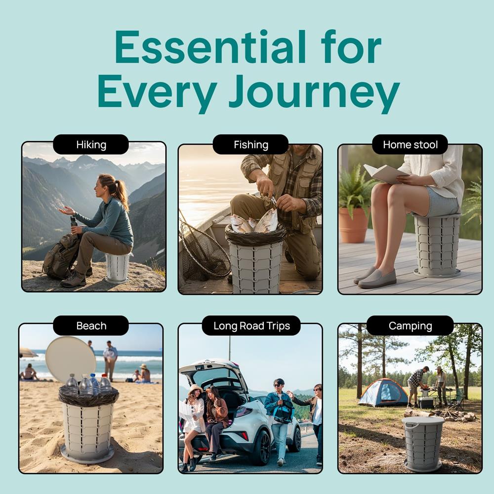 Portable Non-Slip Camping Toilet – Adjustable Height Foldable Travel Potty With Lid, Strap And Carry Bag For Car, Camping, Outdoor Use (Gray)