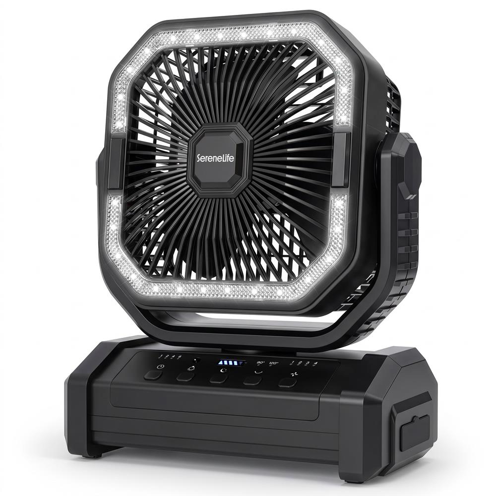 Serenelife Rechargeable Desk Camping Fan With 4 Speeds, 90°/120° Rotation, 10,000 Mah Battery – Ideal For Outdoor Use (Black)