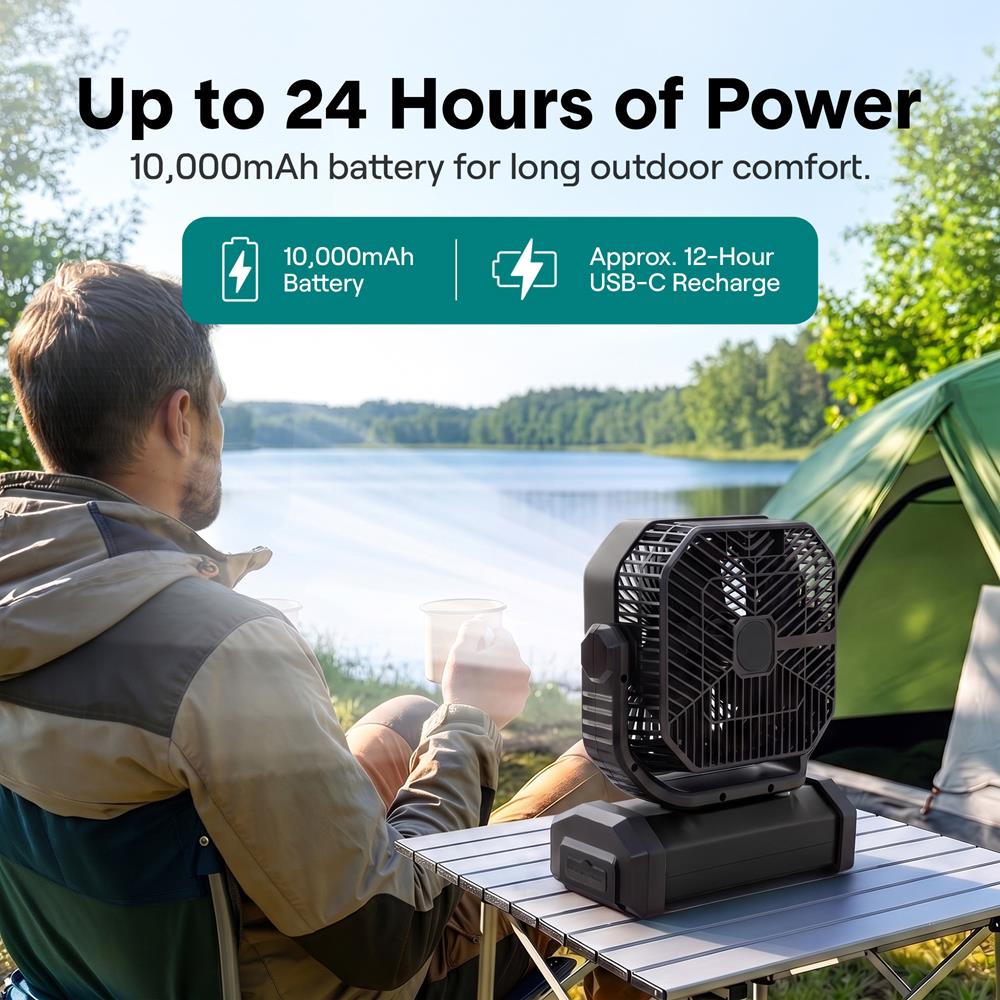 Serenelife Rechargeable Desk Camping Fan With 4 Speeds, 90°/120° Rotation, 10,000 Mah Battery – Ideal For Outdoor Use (Black)