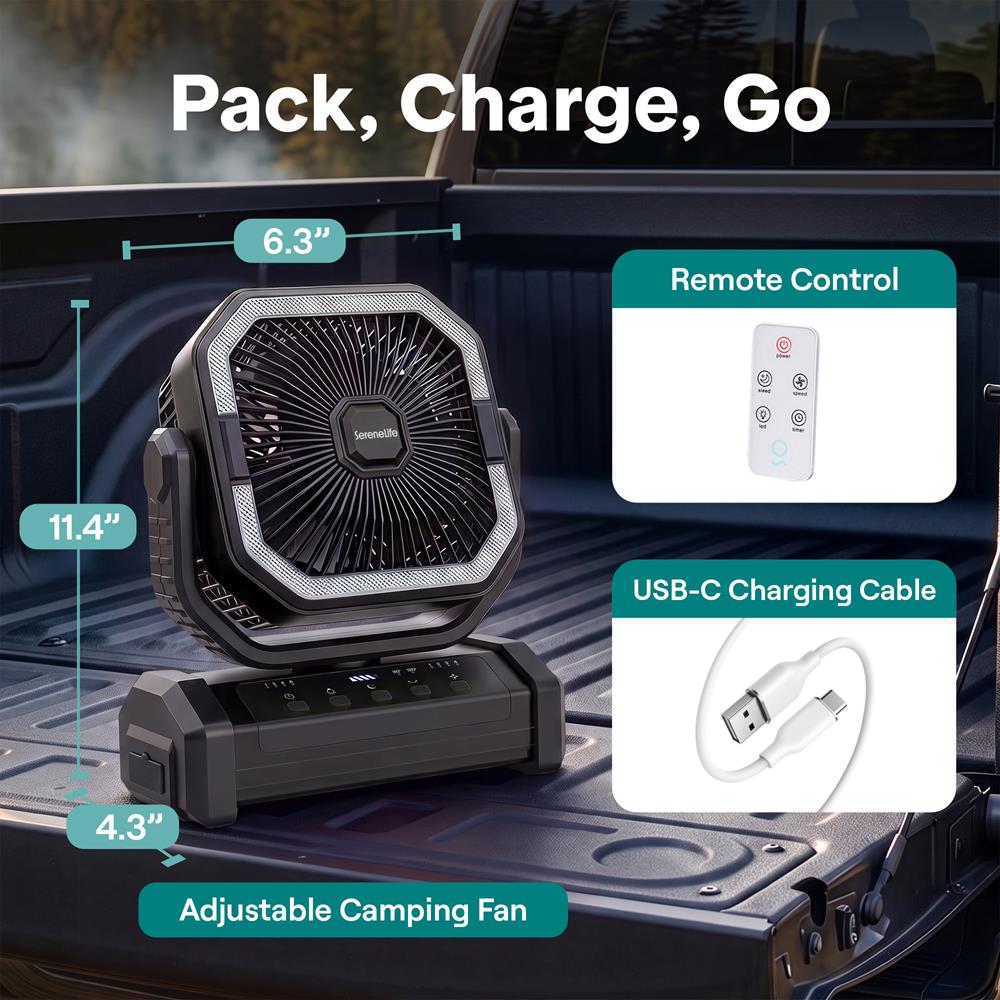 Serenelife Rechargeable Desk Camping Fan With 4 Speeds, 90°/120° Rotation, 10,000 Mah Battery – Ideal For Outdoor Use (Black)