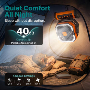 Serenelife Rechargeable Desk Camping Fan With 4 Speeds, 90°/120° Rotation, 10,000 Mah Battery – Ideal For Outdoor Use (Orange)