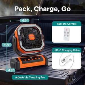 Serenelife Rechargeable Desk Camping Fan With 4 Speeds, 90°/120° Rotation, 10,000 Mah Battery – Ideal For Outdoor Use (Orange)