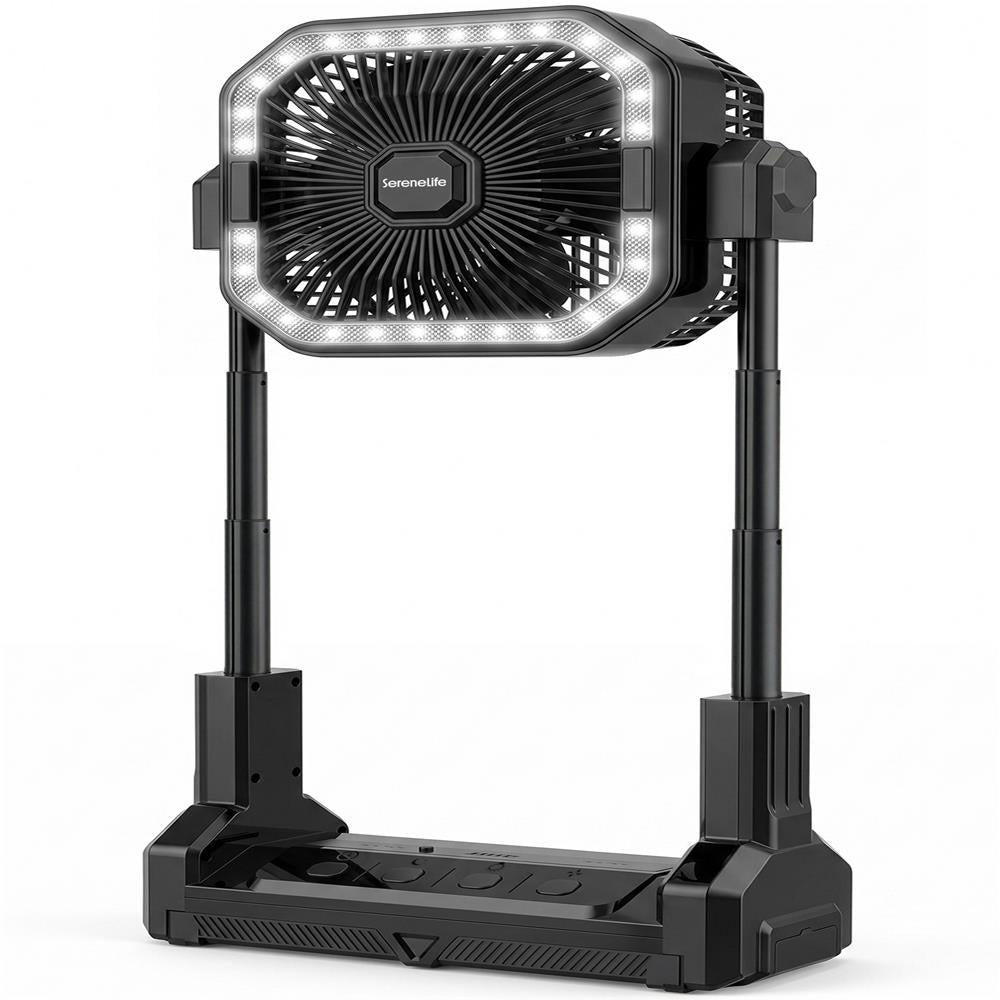 Serenelife Portable Camping Fan With 10,000Mah Battery, Adjustable Height, 4 Speeds, Led Light & Usb-C Rechargeable Design – Ideal For Outdoor Use (Black)