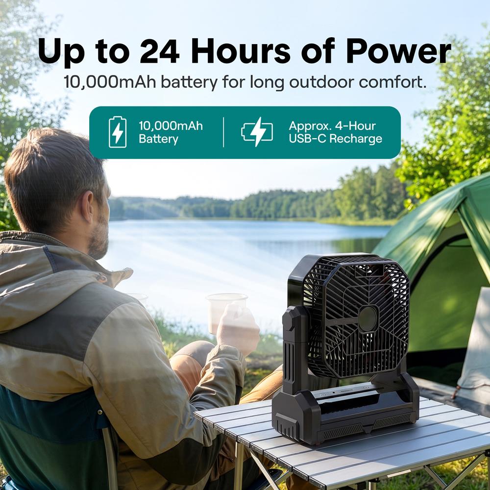 Serenelife Portable Camping Fan With 10,000Mah Battery, Adjustable Height, 4 Speeds, Led Light & Usb-C Rechargeable Design – Ideal For Outdoor Use (Black)