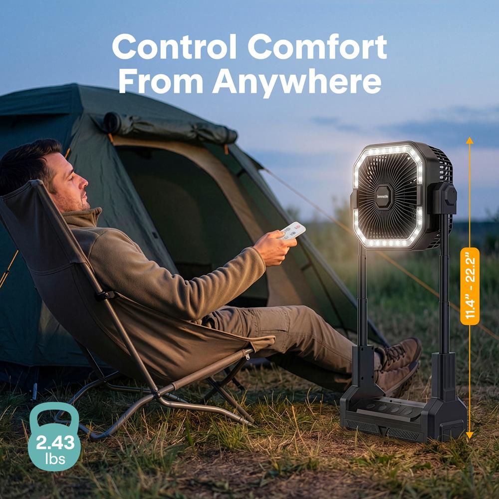 Serenelife Portable Camping Fan With 10,000Mah Battery, Adjustable Height, 4 Speeds, Led Light & Usb-C Rechargeable Design – Ideal For Outdoor Use (Black)